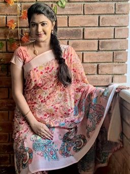 Akhilam - Women's Cotton Linen Peach Floral Designer Saree with Unstitched Blouse