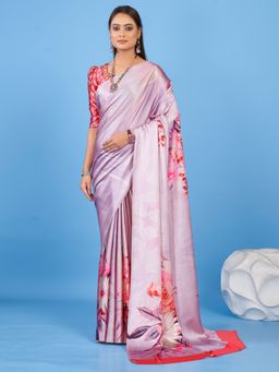 Akhilam - Women's Satin Mauve Floral Designer Saree with Unstitched Blouse