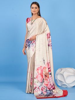 Akhilam - Women's Satin Cream Floral Designer Saree with Unstitched Blouse