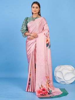 Akhilam - Women's Satin Pink Floral Designer Saree with Unstitched Blouse