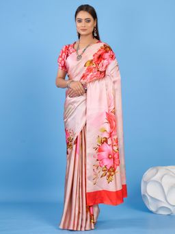 Akhilam - Women's Satin Rose Gold Floral Designer Saree with Unstitched Blouse