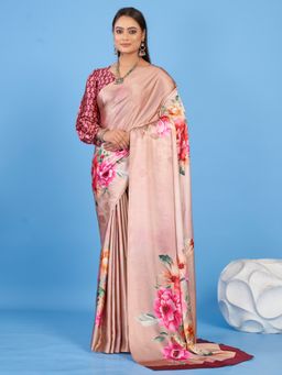 Akhilam - Women's Satin Beige Floral Designer Saree with Unstitched Blouse