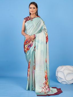 Akhilam - Women's Satin Light Blue Floral Designer Saree with Unstitched Blouse