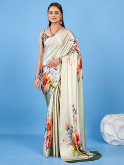 Akhilam - Women's Satin Light Green Floral Designer Saree with Unstitched Blouse