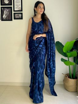 Akhilam - Women's Georgette Navy Blue Embellished Designer Saree with Unstitched Blouse