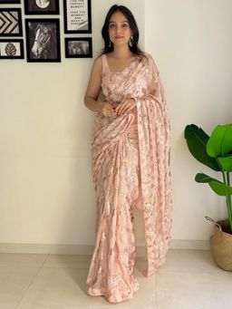 Akhilam - Women's Georgette Cream Embellished Designer Saree with Unstitched Blouse