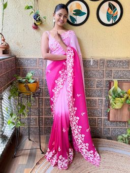 Akhilam - Women's Georgette Pink Embellished Designer Saree with Unstitched Blouse