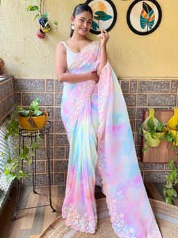 Akhilam - Women's Georgette Multicolored Embellished Designer Saree with Unstitched Blouse