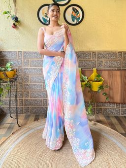 Akhilam - Women's Georgette Multicolored Embellished Designer Saree with Unstitched Blouse