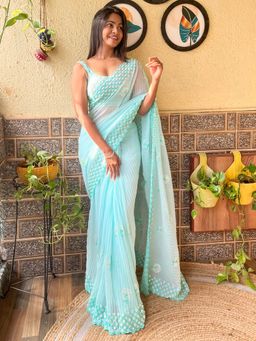 Akhilam - Women's Georgette Turquoise Embellished Designer Saree with Unstitched Blouse