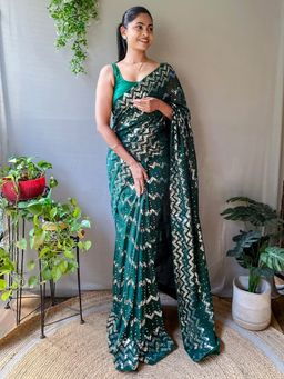 Akhilam - Women's Georgette Green Embellished Designer Saree with Unstitched Blouse