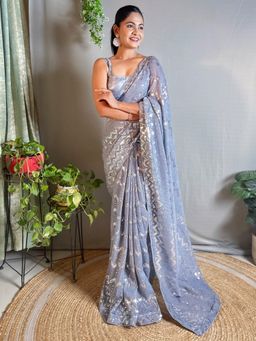 Akhilam - Women's Georgette Grey Embellished Designer Saree with Unstitched Blouse