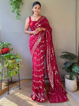 Akhilam - Women's Georgette Pink Embellished Designer Saree with Unstitched Blouse