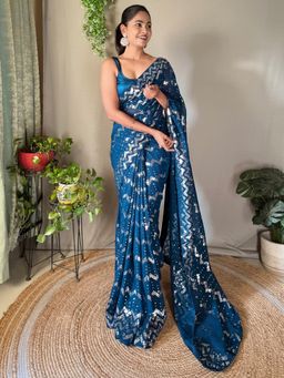 Akhilam - Women's Georgette Teal Blue Embellished Designer Saree with Unstitched Blouse