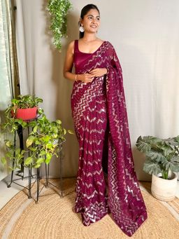 Akhilam - Women's Georgette Magenta Embellished Designer Saree with Unstitched Blouse