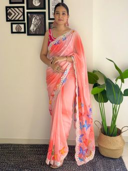 Akhilam - Women's Georgette Peach Embellished Designer Saree with Unstitched Blouse