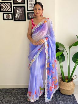 Akhilam - Women's Georgette Lavender Embellished Designer Saree with Unstitched Blouse