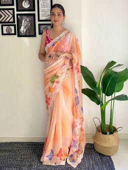 Akhilam - Women's Georgette Orange Embellished Designer Saree with Unstitched Blouse