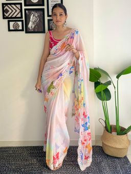 Akhilam - Women's Georgette Multicolored Embellished Designer Saree with Unstitched Blouse