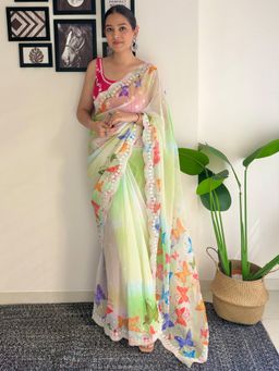 Akhilam - Women's Georgette Green Embellished Designer Saree with Unstitched Blouse