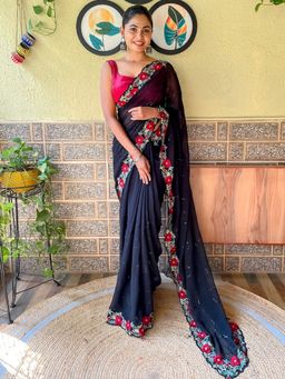 Akhilam - Women's Georgette Black Embellished Designer Saree with Unstitched Blouse