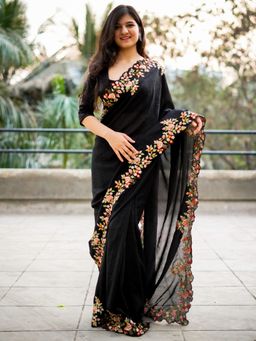 Akhilam - Women's Vichitra Silk Black Embroidered Designer Saree with Unstitched Blouse