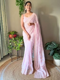 Akhilam - Women's Georgette Mauve Embellished Designer Saree with Unstitched Blouse
