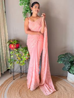 Akhilam - Women's Georgette Peach Embellished Designer Saree with Unstitched Blouse