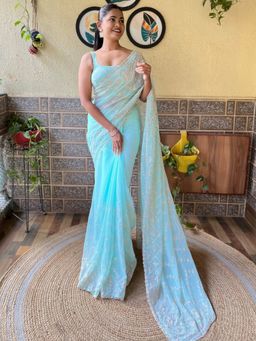 Akhilam - Women's Georgette Turquoise Embellished Designer Saree with Unstitched Blouse