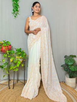 Akhilam - Women's Georgette Cream Embellished Designer Saree with Unstitched Blouse