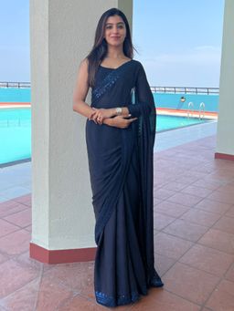 Akhilam - Women's Nylon Navy Blue Embellished Designer Saree with Unstitched Blouse