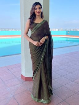Akhilam - Women's Nylon Olive Embellished Designer Saree with Unstitched Blouse