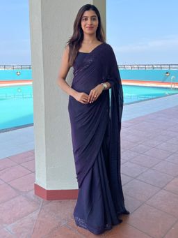 Akhilam - Women's Nylon Purple Embellished Designer Saree with Unstitched Blouse