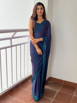 Akhilam - Women's Nylon Navy Blue Embellished Designer Saree with Unstitched Blouse