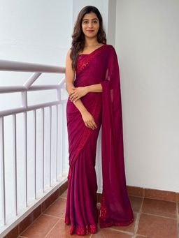 Akhilam - Women's Nylon Pink Embellished Designer Saree with Unstitched Blouse