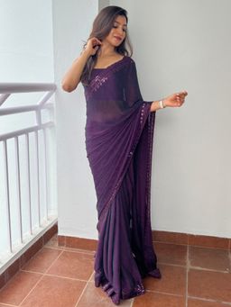 Akhilam - Women's Nylon Purple Embellished Designer Saree with Unstitched Blouse