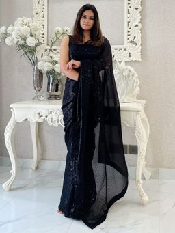 Akhilam - Women's Georgette Black Embellished Designer Saree with Unstitched Blouse