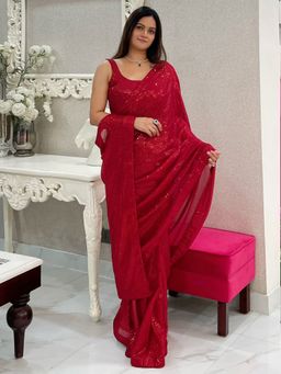 Akhilam - Women's Georgette Red Embellished Designer Saree with Unstitched Blouse
