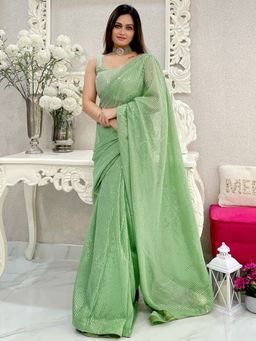 Akhilam - Women's Georgette Light Green Embellished Designer Saree with Unstitched Blouse