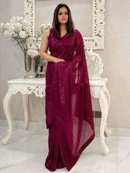 Akhilam - Women's Georgette Magenta Embellished Designer Saree with Unstitched Blouse