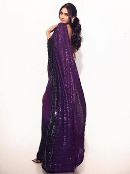 Akhilam - Women's Georgette Purple Embellished Designer Saree with Unstitched Blouse
