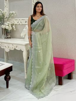 Akhilam - Women's Organza Light Green Embellished Designer Saree with Unstitched Blouse