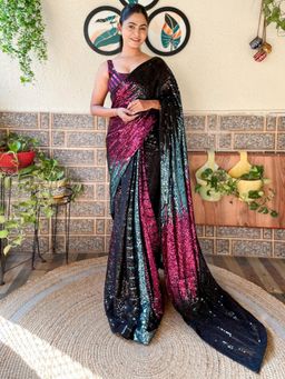 Akhilam - Women's Georgette Black Embellished Designer Saree with Unstitched Blouse