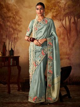Akhilam - Women's Silk Metallic Embroidered Designer Saree with Unstitched Blouse