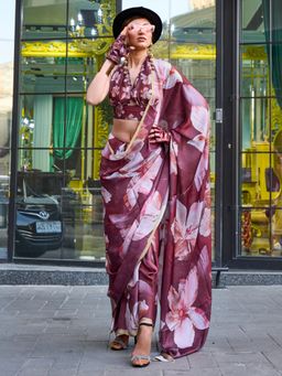 Akhilam - Women's Satin Silk Brown Floral Designer Saree with Unstitched Blouse