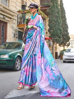 Akhilam - Women's Satin Silk Lavender Floral Designer Saree with Unstitched Blouse