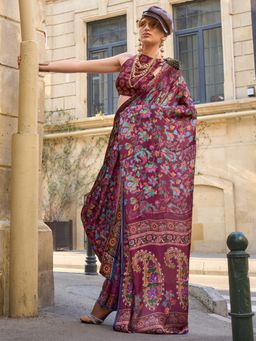 Akhilam - Women's Satin Silk Burgundy Floral Designer Saree with Unstitched Blouse