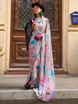 Akhilam - Women's Satin Silk Grey Floral Designer Saree with Unstitched Blouse