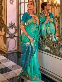 Akhilam - Women's Silk Blend Turquoise Woven Designer Saree with Unstitched Blouse