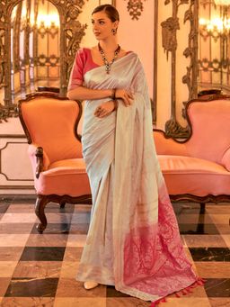 Akhilam - Women's Silk Blend Cream Woven Designer Saree with Unstitched Blouse